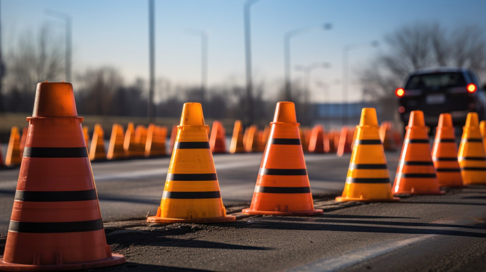 Traffic cones line up along  sunlit asphalt road.